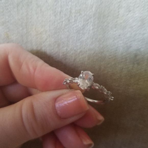 Silver CZ Solitaire Deco Oval Marquise Ring 7 - Picture 2 of 7